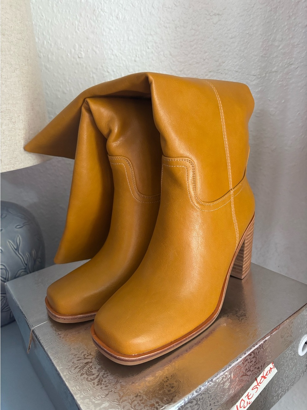 Women's Fold-Over Heeled Ankle Boots in Mustard